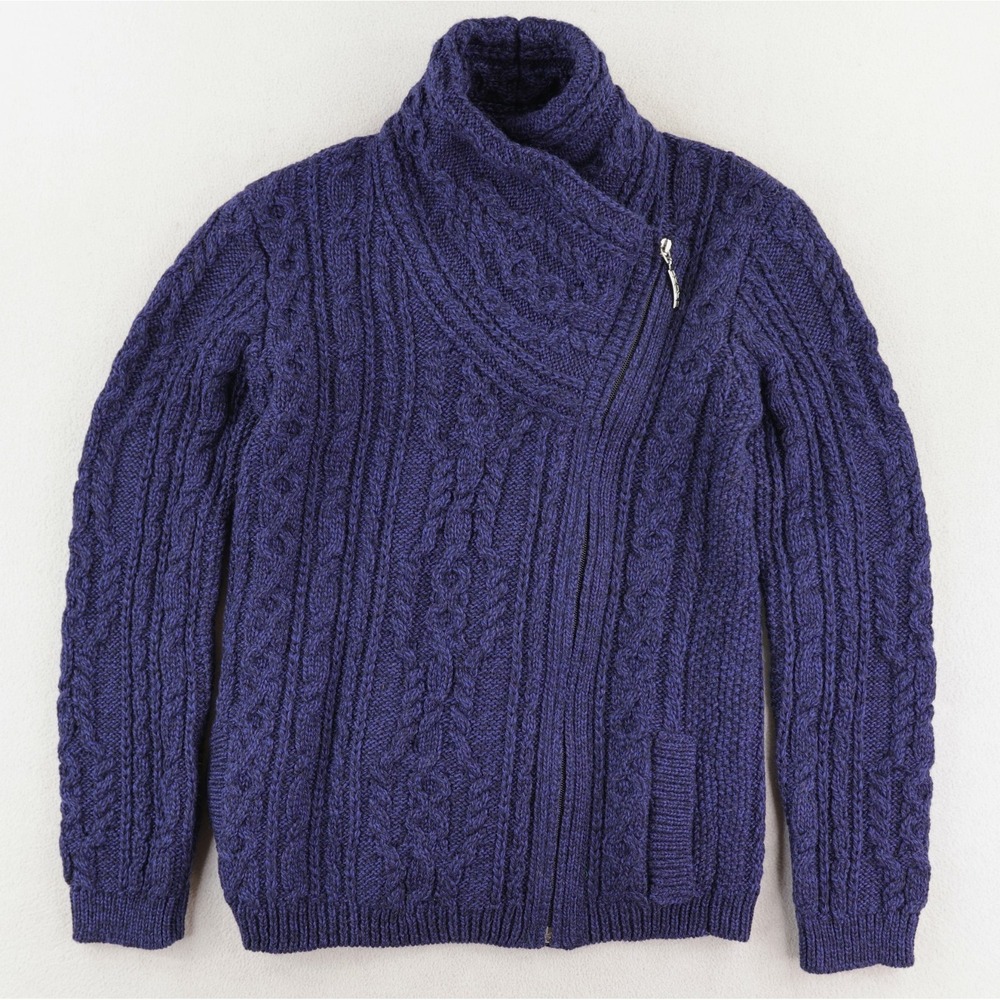 NWT Original Aran Co Cable Knit Sweater Womens XS Blue Merino Wool Asymmetrical‎
